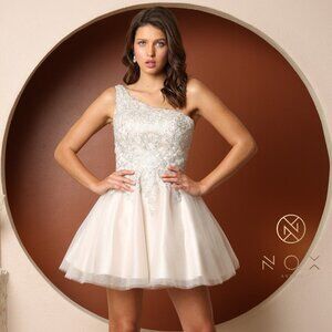 NEW WHITE NUDE OFF SHOULDER MINI CHIFFON GOWN WITH EMBROIDERED BODICE NX H774